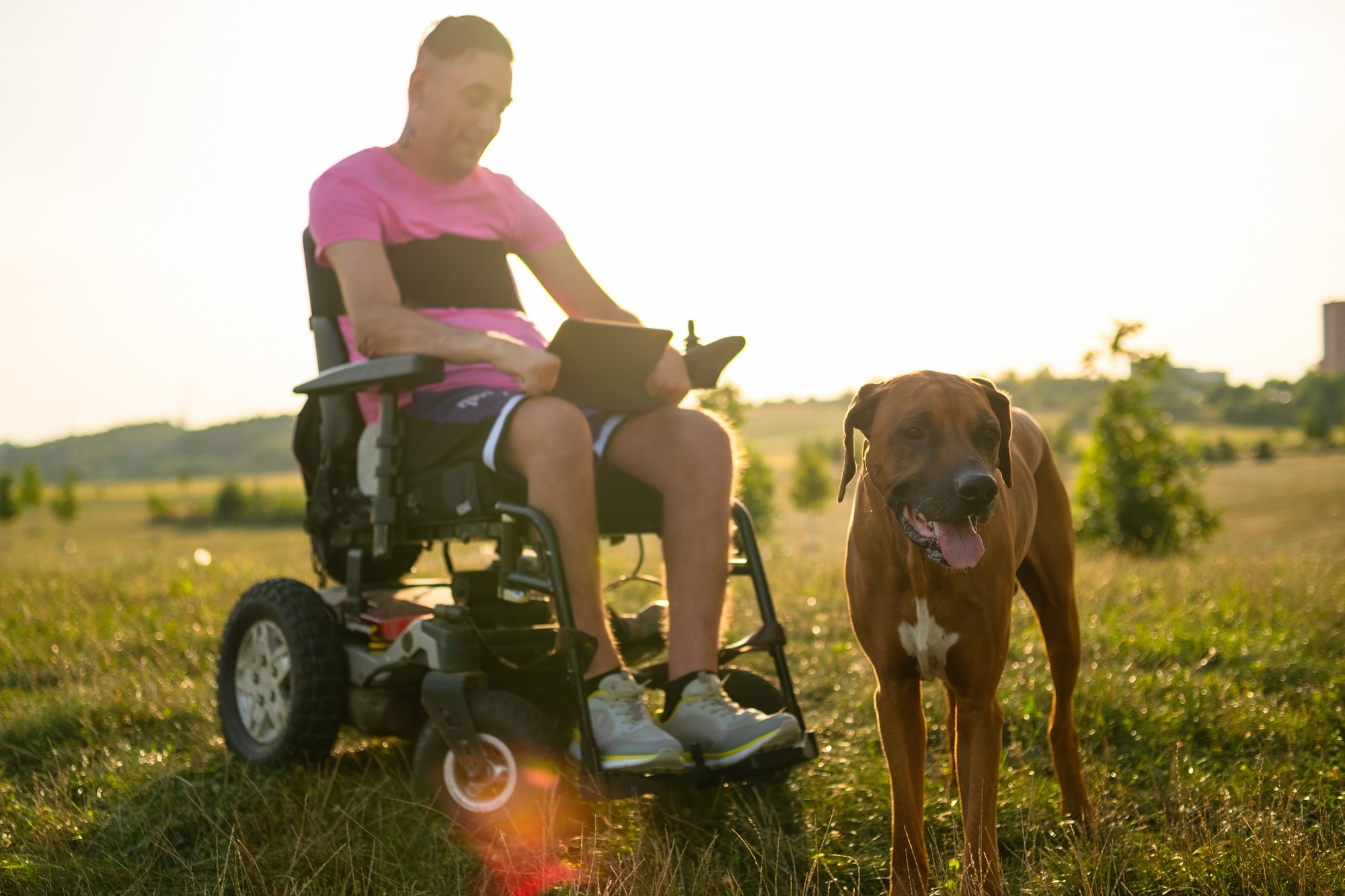 Man wheelchair outdoors with dog_shutterstock_2372770279